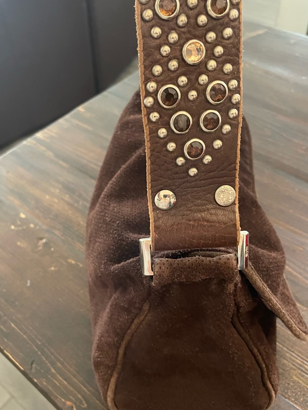 Tylie Malibu Studded Suede Shoulder Bag in Chocolate Brown